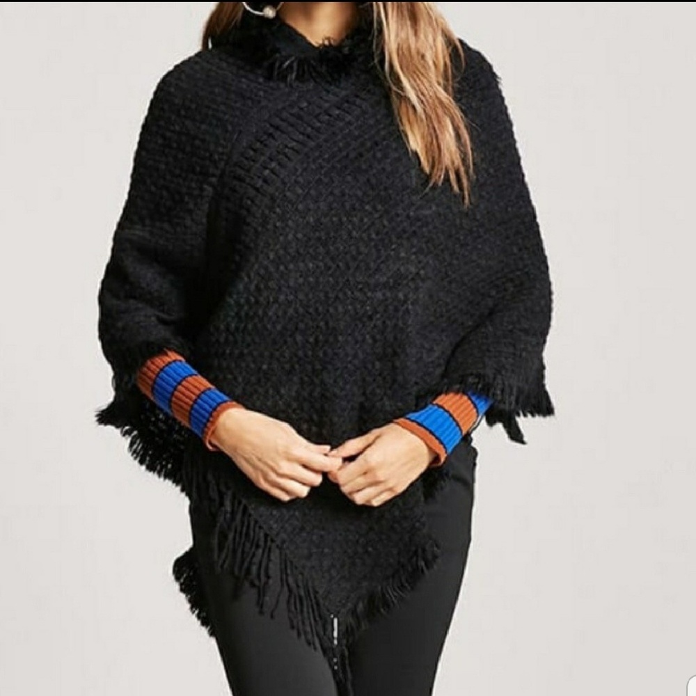 Black Hoodie Fringe Poncho